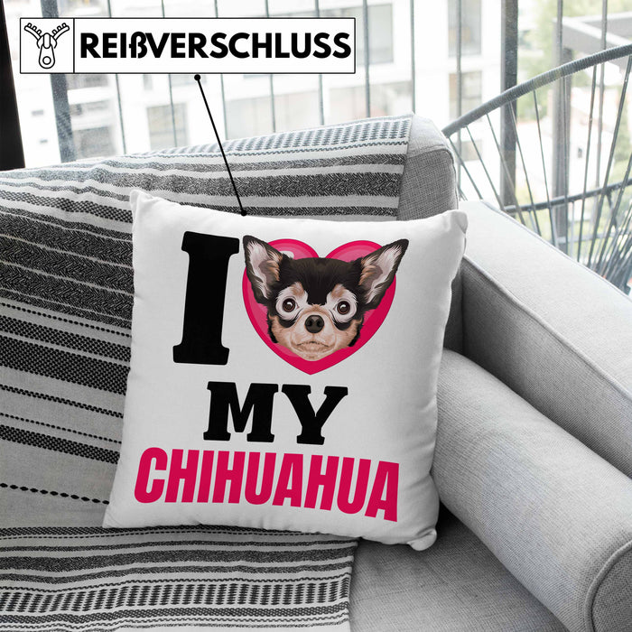Chihuahua Besitzerin Kissen mit Füllung 40x40 Geschenk Lustiger Spruch Geschenkidee I Love My Chihuahua (Grau) Blau Trendation