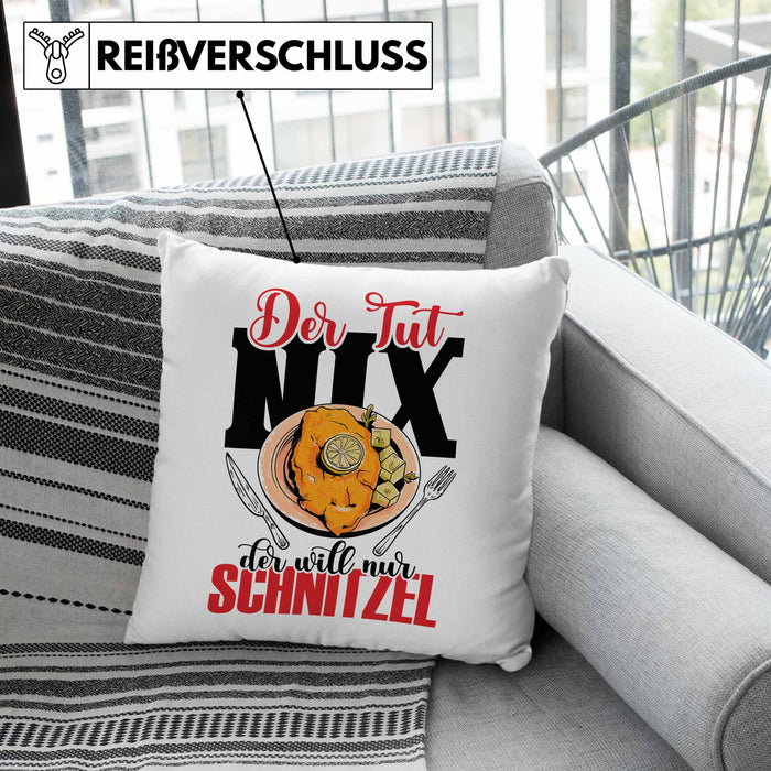 Schnitzel Kissen mit Füllung 40x40 "Der tut nix, der will nur Schnitzel" Geschenkidee für Schnitzelliebhaber (Grau) Grün Trendation
