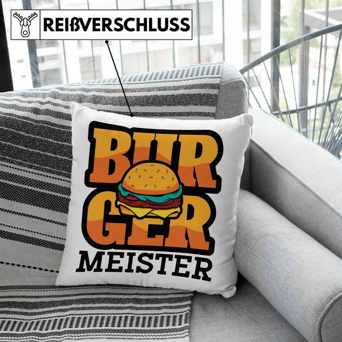 Burger Meister Kissen mit Füllung 40x40 Geschenk Spruch Grillen Sommer Burger Liebhaber Geschenkidee Cheeseburger (Grau) Blau Trendation