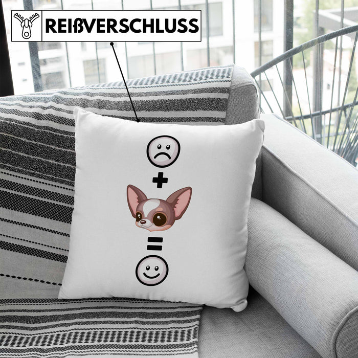 Chihuahua Kissen mit Füllung 40x40 Geschenk für Chihuahua Besitzer Lustige Geschenkidee :( + Chihuahua = :) (Grau) Blau Trendation