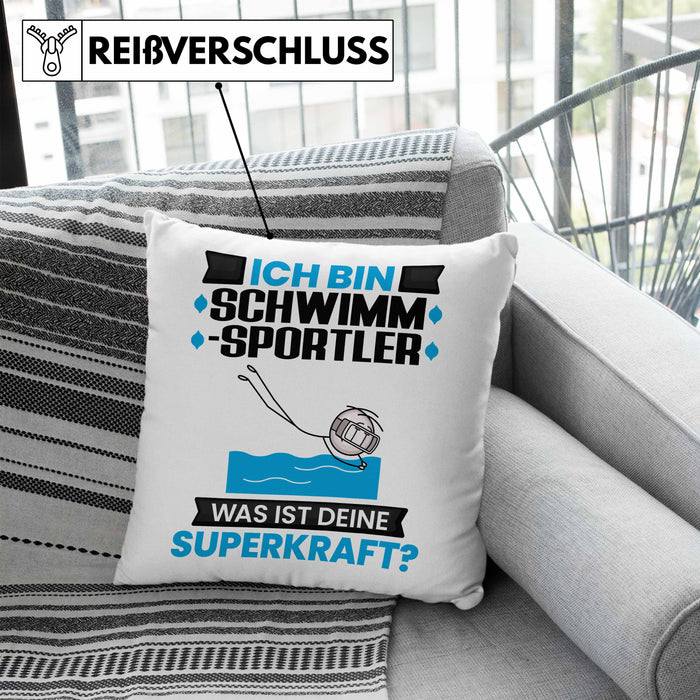 Schwimmsportler Kissen mit Füllung 40x40 Geschenk für Schwimmsportler Geburtstag Lustiger Spruch Was Ist Deine Superkraft (Grau) Blau Trendation