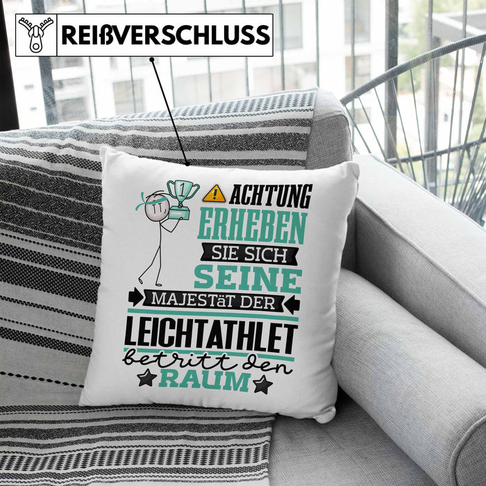 Leichtathlet Geschenk Kissen mit Füllung 40x40 Lustiger Spruch Erheben Sie Sich Der Leichtathlet Betritt den Raum (Grau) Blau Trendation