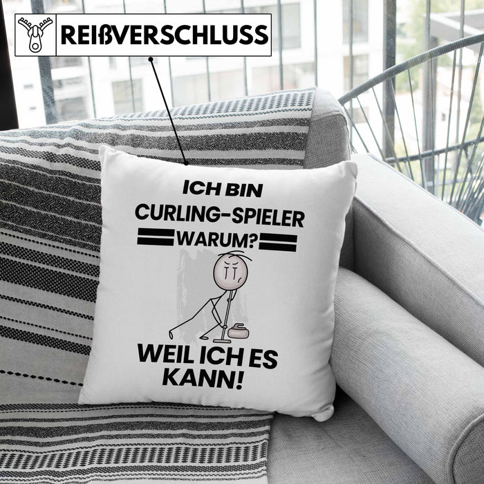 Curling-Spieler Geschenk Kissen mit Füllung 40x40 Lustiger Spruch Ich Bin Curling-Spieler Warum Weil Ich Es Kann Geschenkidee Bester Curling-Spieler Geburtstag (Grau) Rosa Trendation