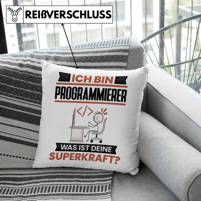 Programmierer Kissen mit Füllung 40x40 Geschenk für Programmierer Geburtstag Lustiger Spruch Was Ist Deine Superkraft (Grau) Grau Trendation