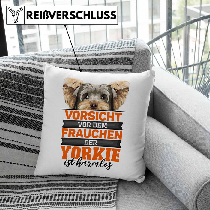 Yorkie-Besitzer Geschenk Kissen mit Füllung 40x40 Hund Yorkie Liebhaber Geschenkidee Vorsicht Vor Dem Frauchen Der Yorkie Ist Harmlos (Grau) Grün Trendation
