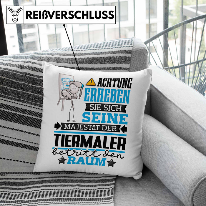Tiermaler Geschenk Kissen mit Füllung 40x40 Lustiger Spruch Erheben Sie Sich Der Tiermaler Betritt den Raum (Grau) Grün Trendation