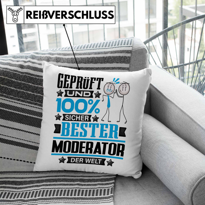 Moderator Geschenk Lustiger Spruch für Moderator Geschenkidee Bester Moderator Der WeltKissen mit Füllung 40x40 (Grau) Blau Trendation