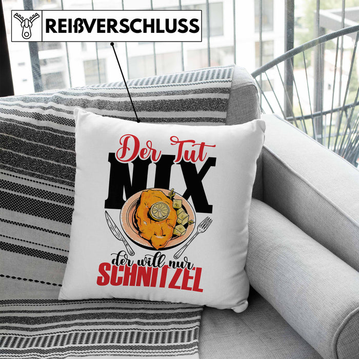 Schnitzel Kissen mit Füllung 40x40 "Der tut nix, der will nur Schnitzel" Geschenkidee für Schnitzelliebhaber (Grau) Blau Trendation