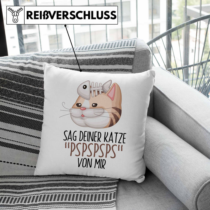 Sag Deiner Katze Pspspsps Von Mir Kissen mit Füllung 40x40 Geschenkidee für Katzen-Besitzerin Katzenmama (Grau) Rosa Trendation