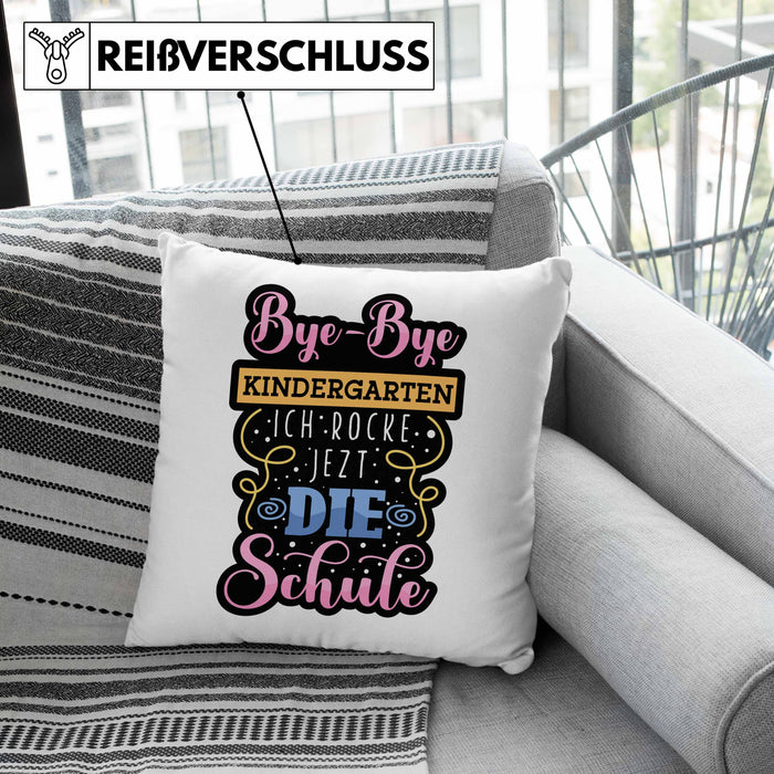 Einschulung Kissen mit Füllung 40x40 "Bye-Bye Kindergarten, Ich rocke jetzt die Schule" Geschenk für Schulanfänger (Grau) Rosa Trendation