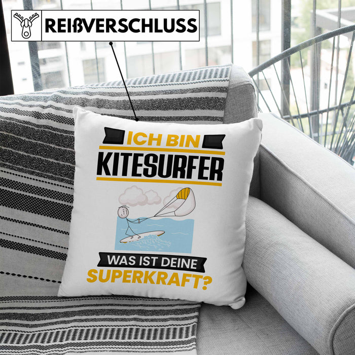 Kitesurfer Kissen mit Füllung 40x40 Geschenk für Kitesurfer Geburtstag Lustiger Spruch Was Ist Deine Superkraft (Grau) Blau Trendation