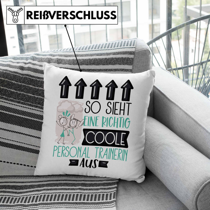 Personal Trainerin Geschenk Kissen mit Füllung 40x40 Lustig Geschenkidee für Personal Trainerin Geburtstag So Sieht Eine Richtig Coole Personal Trainerin Aus Frauen Spruch (Grau) Rosa Trendation