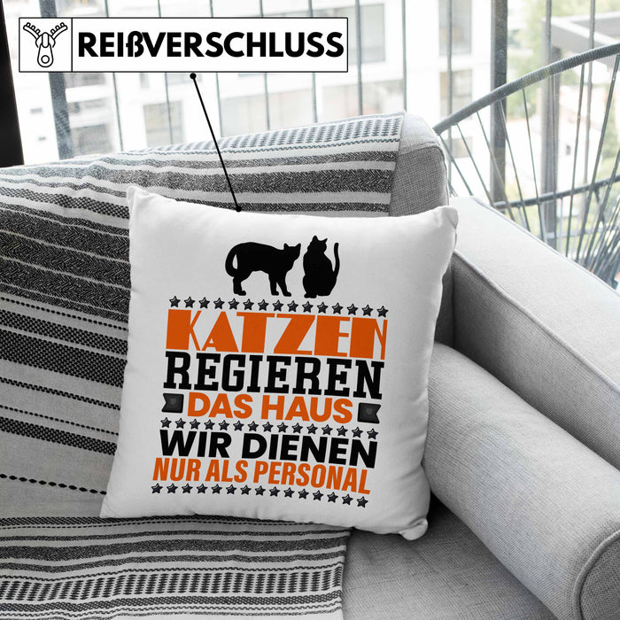 Katze Kissen mit Füllung 40x40 Geschenk Spruch Geschenkidee für Katzen-Mama Papa Katzenliebhaber Katzen Regieren Das Haus Wir Dienen Nur Als Personal (Grau) Rosa Trendation