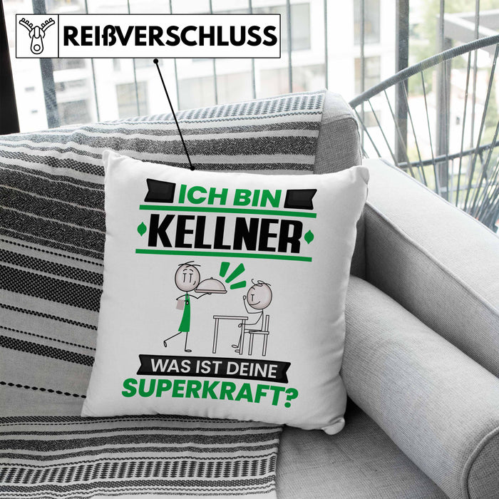 Kellner Kissen mit Füllung 40x40 Geschenk für Kellner Geburtstag Lustiger Spruch Was Ist Deine Superkraft (Grau) Blau Trendation