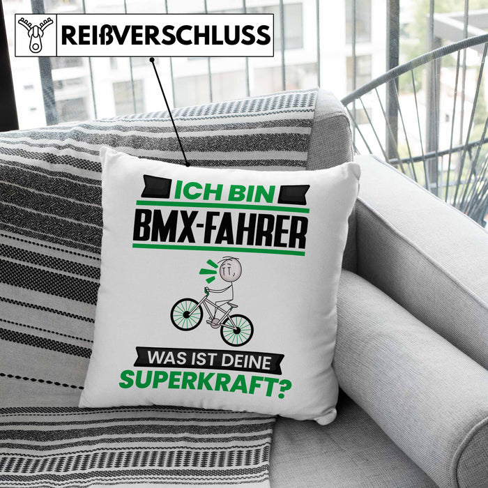 BMX-Fahrer Kissen mit Füllung 40x40 Geschenk für BMX-Fahrer Geburtstag Lustiger Spruch Was Ist Deine Superkraft (Grau) Rosa Trendation