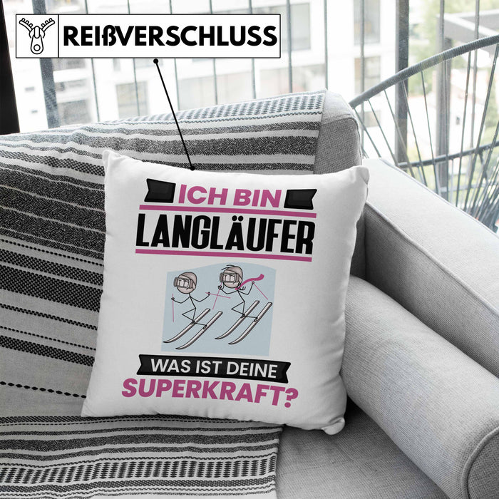 Langläufer Kissen mit Füllung 40x40 Geschenk für Langläufer Geburtstag Lustiger Spruch Was Ist Deine Superkraft (Grau) Blau Trendation