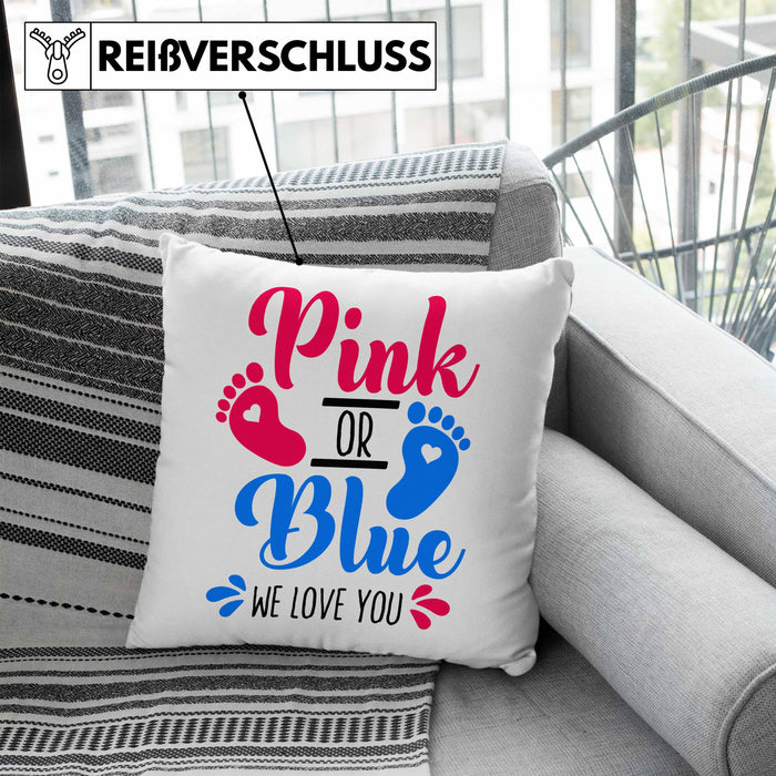 Kissen mit Füllung 40x40 Gender Reveal Geschenk Pink Or Blue We Love You Baby Überraschung (Grau) Blau Trendation