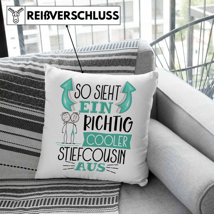 Stiefcousin Kissen mit Füllung 40x40 Geschenk So Sieht Ein RIchtig Cooler Stiefcousin Aus Geschenkidee Lustiger Spruch Geburtstag (Grau) Blau Trendation
