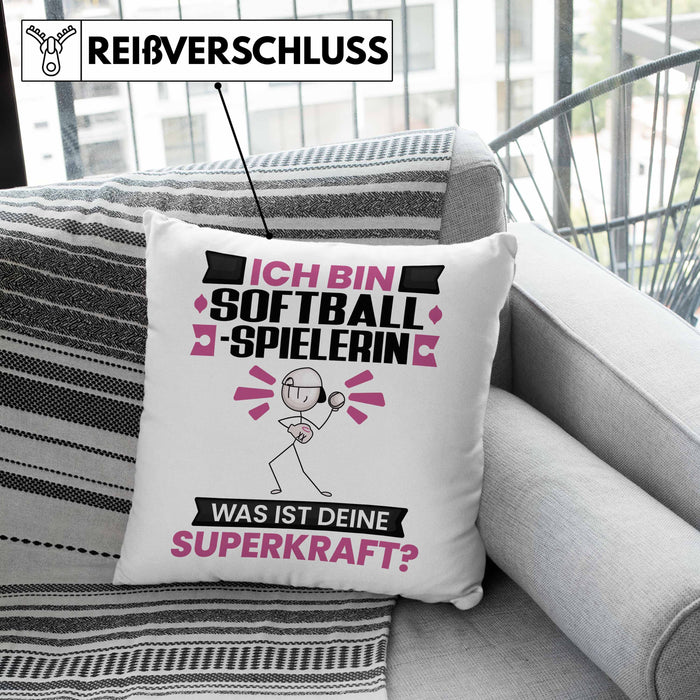 Softballspielerin Kissen mit Füllung 40x40 Geschenk für Softballspielerin Geburtstag Lustiger Spruch Was Ist Deine Superkraft (Grau) Rosa Trendation