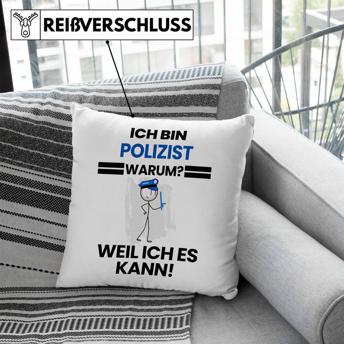 Polizist Geschenk Kissen mit Füllung 40x40 Lustiger Spruch Ich Bin Polizist Warum Weil Ich Es Kann Geschenkidee Bester Polizist Geburtstag (Grau) Blau Trendation