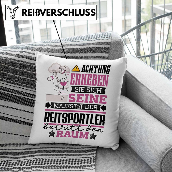 Reitsportler Geschenk Kissen mit Füllung 40x40 Lustiger Spruch Erheben Sie Sich Der Reitsportler Betritt den Raum (Grau) Blau Trendation