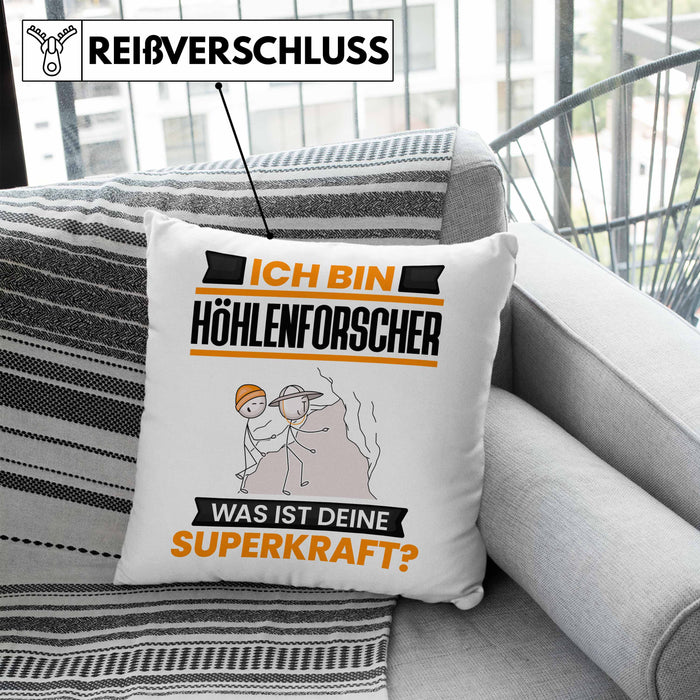 Höhlenforscher Kissen mit Füllung 40x40 Geschenk für Höhlenforscher Geburtstag Lustiger Spruch Was Ist Deine Superkraft (Grau) Blau Trendation
