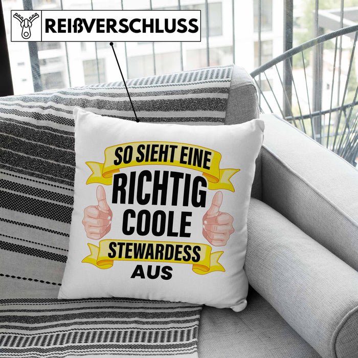 Stewardess Kissen mit Füllung 40x40 Geschenk für Stewardessin Lustiger Spruch Lustig Flugbegleiterin Sprüche (Grau) Rosa Trendation