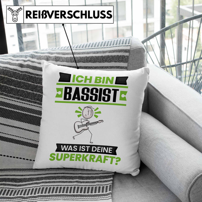 Bassist Kissen mit Füllung 40x40 Geschenk für Bassist Geburtstag Lustiger Spruch Was Ist Deine Superkraft (Grau) Blau Trendation