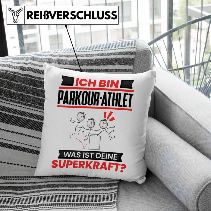 Parkour-Athlet Kissen mit Füllung 40x40 Geschenk für Parkour-Athlet Geburtstag Lustiger Spruch Was Ist Deine Superkraft (Grau) Blau Trendation