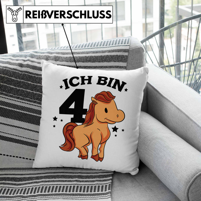 Lustige Kissen mit Füllung 40x40 4. Geburtstag für Mädchen Pferde-Motiv Pferdefans Reiterin (Grau) Rosa Trendation