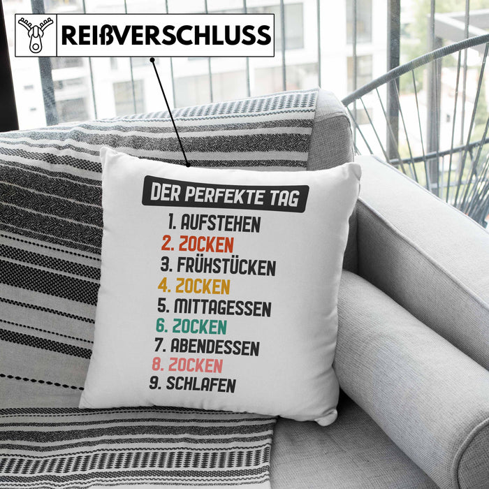 Zocker Gamer Kissen mit Füllung 40x40 mit Spruch Geschenk Junge Jungs Gaming Der Perfekte Tag (Grau) Rosa Trendation