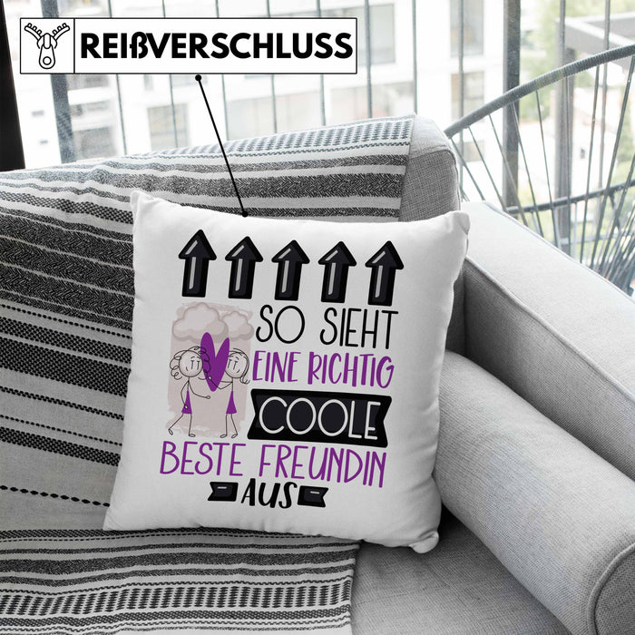 Beste Freundin Geschenk Kissen mit Füllung 40x40 Lustig Geschenkidee für Beste Freundin Geburtstag So Sieht Eine Richtig Coole Beste Freundin Aus Frauen Spruch BFF (Grau) Blau Trendation