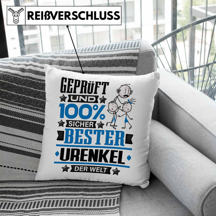 Urenkel Geschenk Lustiger Spruch für Urenkel Geschenkidee Bester Urenkel Der WeltKissen mit Füllung 40x40 (Grau) Blau Trendation