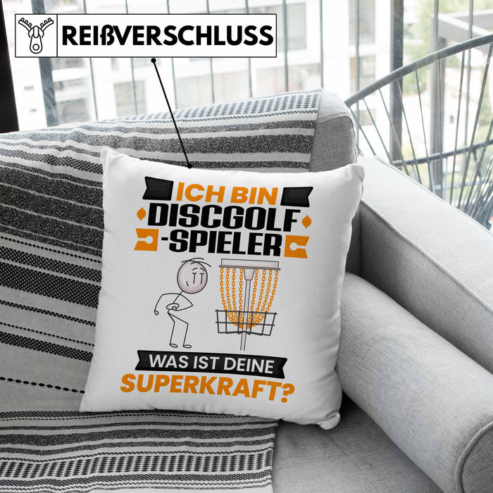 Discgolf-Spieler Kissen mit Füllung 40x40 Geschenk für Discgolf-Spieler Geburtstag Lustiger Spruch Was Ist Deine Superkraft (Grau) Grün Trendation