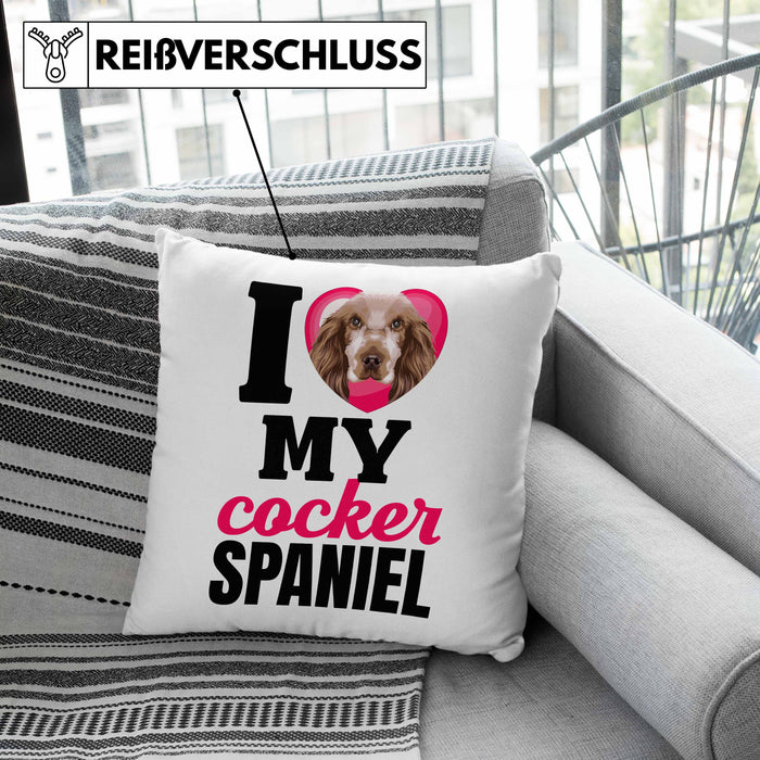 Cocker Spaniel Besitzerin Kissen mit Füllung 40x40 Geschenk Lustiger Spruch Geschenkidee I Love My Cocker Spaniel (Grau) Grau Trendation