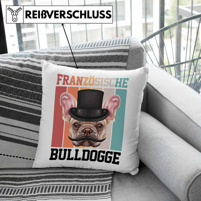 Französische Bulldogge Besitzer Kissen mit Füllung 40x40 Geschenk Lustiger Spruch Geschenkidee Retro Vinatge Französische Bulldogge (Grau) Rosa Trendation