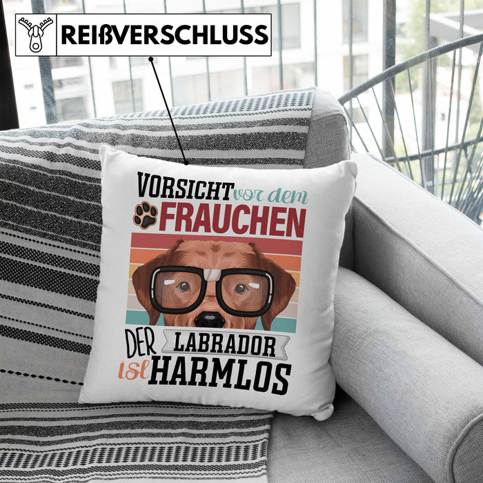 Labrador Besitzerin Frauchen Kissen mit Füllung 40x40 Geschenk Lustiger Spruch Geschenkidee Vorsicht Vor Dem Frauchen (Grau) Blau Trendation