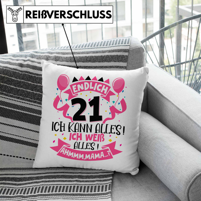 21. Geburtstag Geschenk Kissen mit Füllung 40x40 Frauen Mädchen Geschenkidee Endlich 21 Ich Kann Alles Ich Weiß Alles Ähm Mama (Grau) Blau Trendation
