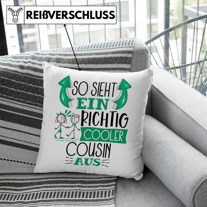 Cousin Kissen mit Füllung 40x40 Geschenk So Sieht Ein RIchtig Cooler Cousin Aus Geschenkidee Lustiger Spruch Geburtstag (Grau) Blau Trendation