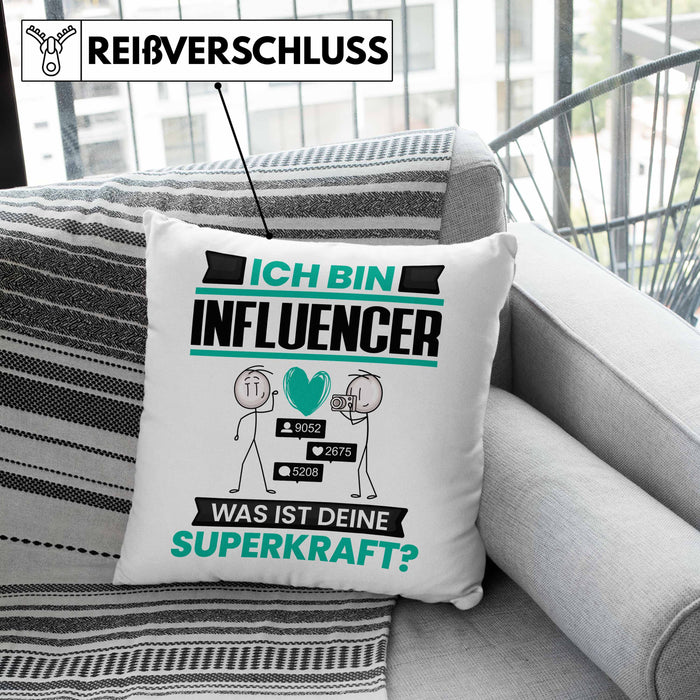 Influencer Kissen mit Füllung 40x40 Geschenk für Influencer Geburtstag Lustiger Spruch Was Ist Deine Superkraft (Grau) Grau Trendation