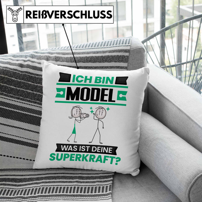Model Kissen mit Füllung 40x40 Geschenk für Model Geburtstag Lustiger Spruch Was Ist Deine Superkraft (Grau) Blau Trendation