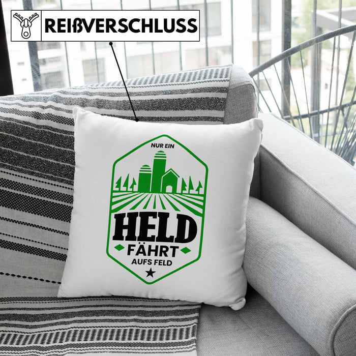 Lustige Kissen mit Füllung 40x40 für Landwirte Bauern Geschenk Spruch Nur Ein Held Fährt Aufs Feld (Grau) Grün Trendation