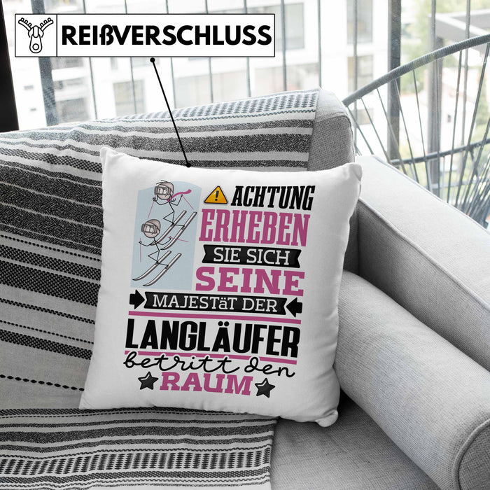 Langläufer Geschenk Kissen mit Füllung 40x40 Lustiger Spruch Erheben Sie Sich Der Langläufer Betritt den Raum (Grau) Rosa Trendation