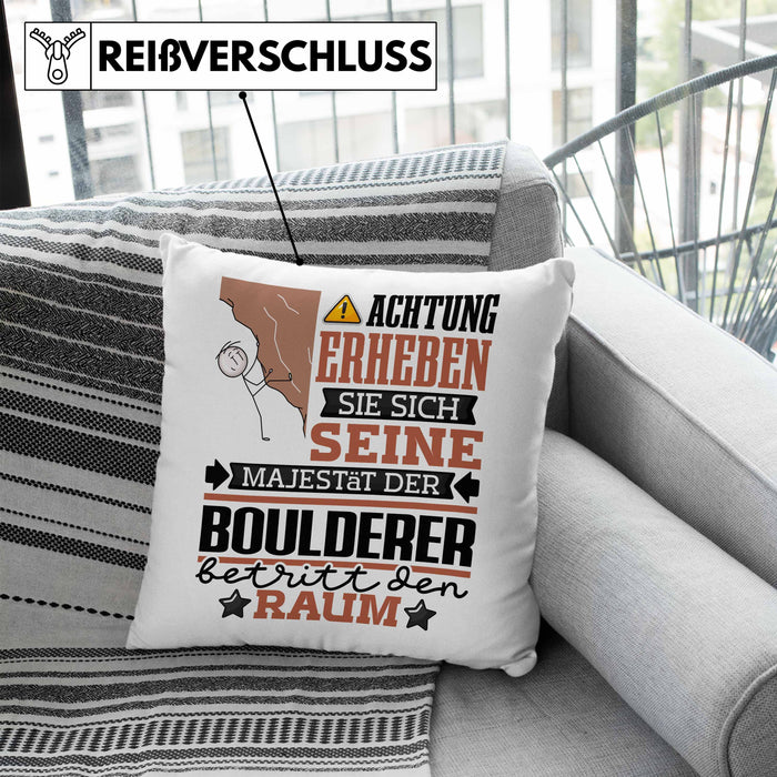 Boulderer Geschenk Kissen mit Füllung 40x40 Lustiger Spruch Erheben Sie Sich Der Boulderer Betritt den Raum (Grau) Blau Trendation