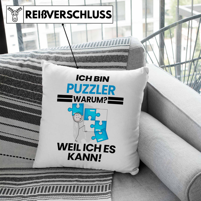 Puzzler Geschenk Kissen mit Füllung 40x40 Lustiger Spruch Ich Bin Puzzler Warum Weil Ich Es Kann Geschenkidee Bester Puzzler Geburtstag (Grau) Blau Trendation