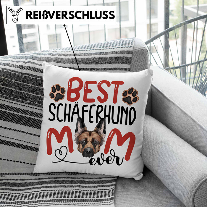 Schäferhund Mom Besitzerin Kissen mit Füllung 40x40 Geschenk Lustiger Spruch Geschenkidee Besitzerin Schäferhund Mama (Grau) Rosa Trendation