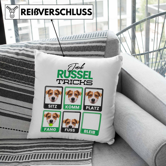 Jack Russel Besitzer Kissen mit Füllung 40x40 Geschenk Lustiger Spruch Geschenkidee Jack Russel Tricks Bleib (Grau) Grau Trendation