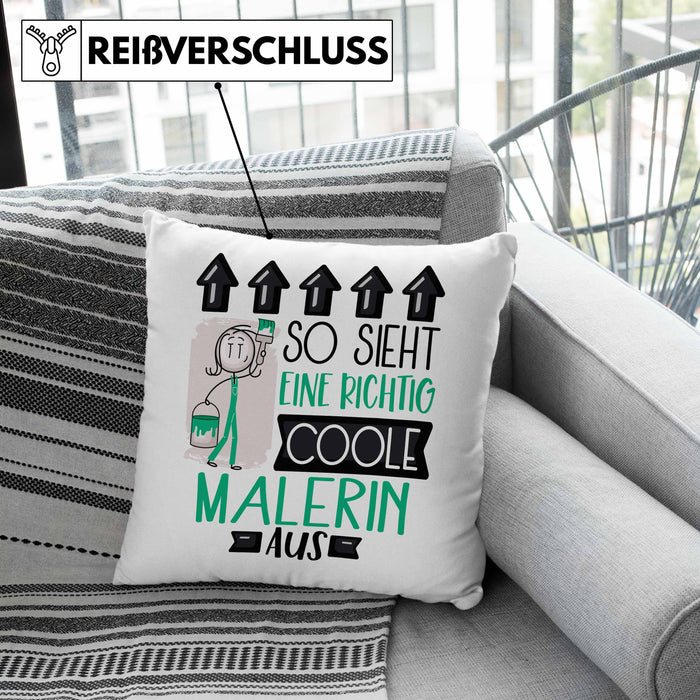Malerin Geschenk Kissen mit Füllung 40x40 Lustig Geschenkidee für Malerin Geburtstag So Sieht Eine Richtig Coole Malerin Aus Frauen Spruch (Grau) Grau Trendation