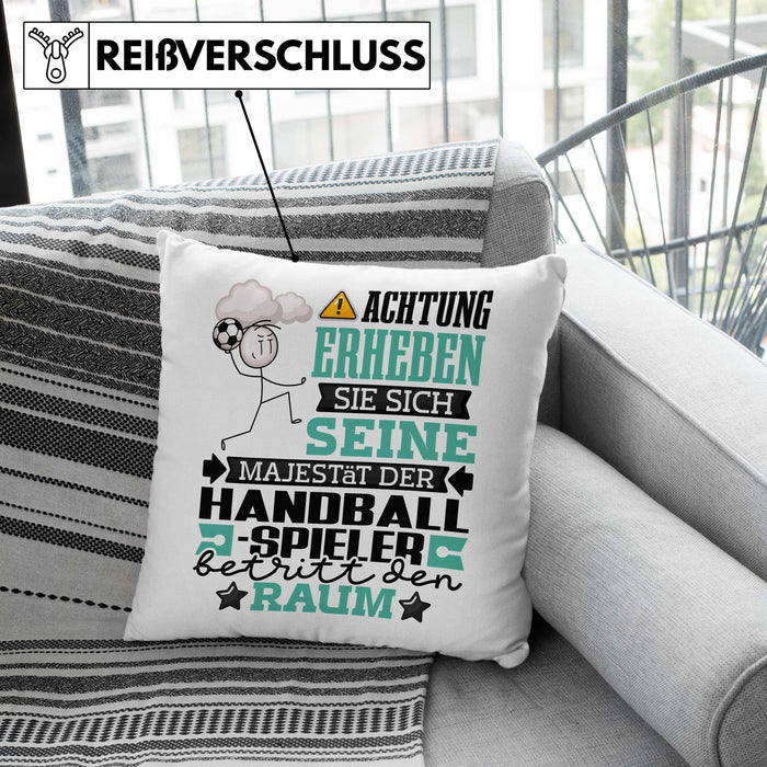 Handballspieler Geschenk Kissen mit Füllung 40x40 Lustiger Spruch Erheben Sie Sich Der Handballspieler Betritt den Raum (Grau) Grün Trendation