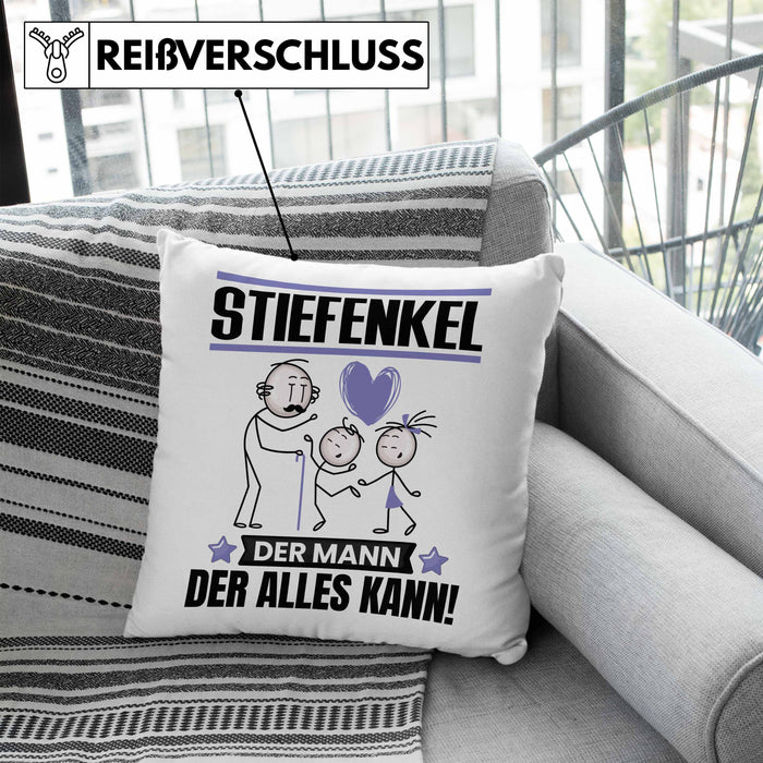 Stiefenkel Kissen mit Füllung 40x40 Geschenk für Stiefenkel Der Mann Der Alles Kann Geschenkidee zum Geburtstag (Grau) Blau Trendation